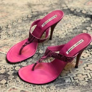 Manolo Blahnik high heel pink slides.